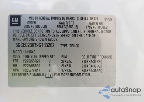 2009 Chevrolet Silverado 1500 Lt из США, поврежденный, VIN 3GCEC23079G183202